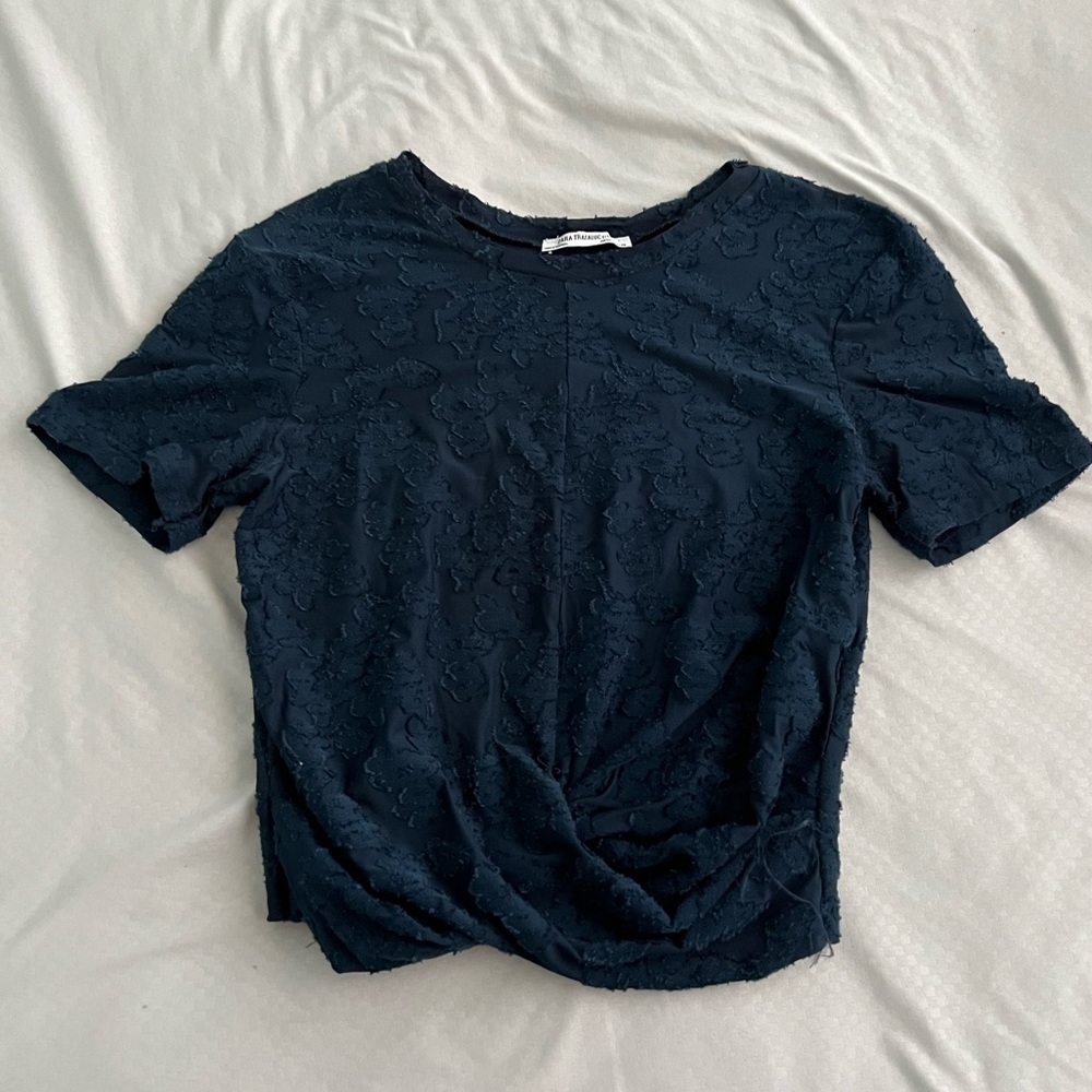 Zara Navy Blue Sheer Floral Lace Top